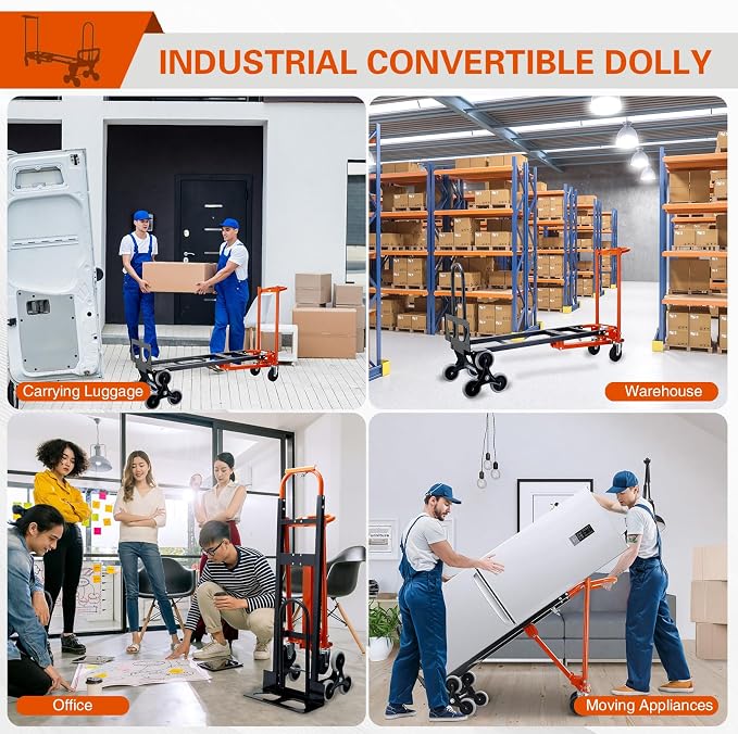 3 in 1 Industrial Convertible Hand Truck,1000 LBS Capacity Stair Climbing Dolly Cart,Heavy Duty Hand Truck Dolly Cart with Dual Handles for Home,Moving,Transport,Warehouse,Office(Orange)