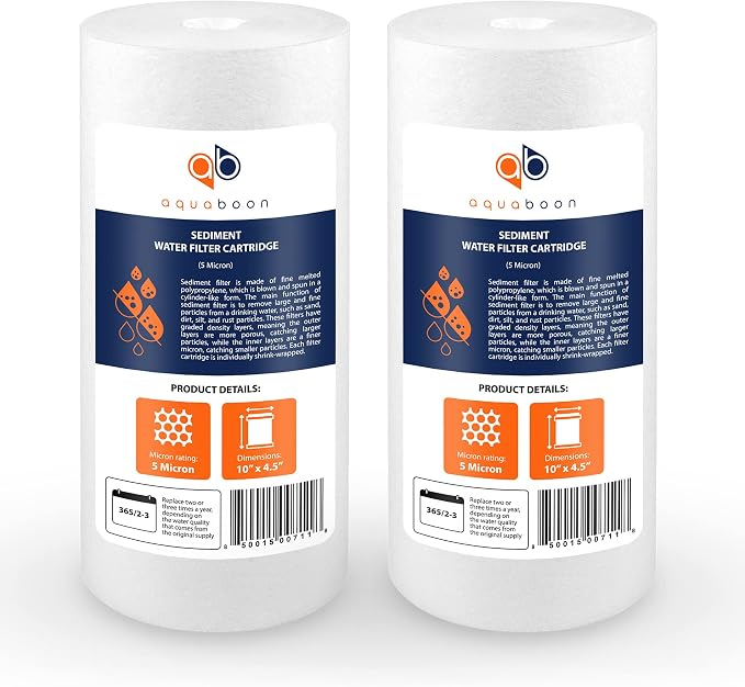 Aquaboon 5 Micron 10 x 4.5 Well Water Sediment Filter Replacement Whole House Water Filter Cartridge Compatible with DGD-5005, WFHD13001B, 2-Pack
