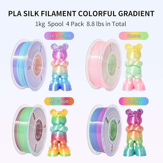 RAMBERY 4 Colors Rainbow Silk PLA Filament Bundle Fast Color Change 3D PLA Filament Neatly Wound, 1.75mm 1kg(2.2lb) X4PCS, Candy/Macaron/ice Cream/Guava