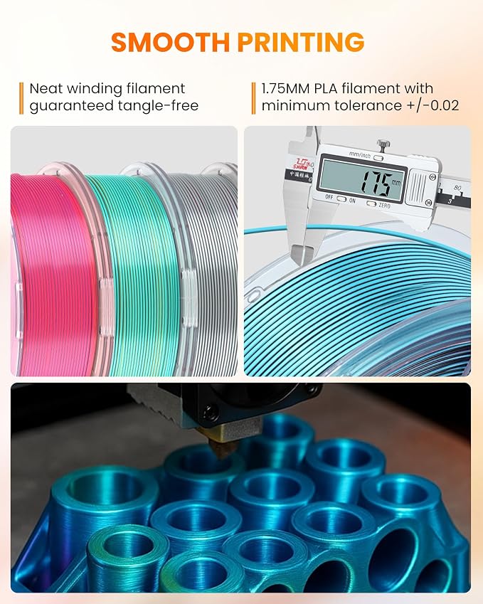 TECBEARS 4-Color Silk PLA Filament 1.75, Silk 3D Printer Filament, Shiny Silk Texture, 4 in 1 Black Red Yellow Gray，1kg Spool