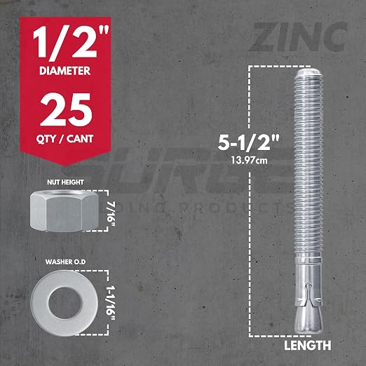 1/2" x 5-1/2" Zinc-Plated Wedge Anchors for Concrete and Cement | Heavy-Duty 1/2 Concrete Anchor Bolts (Box of 25)