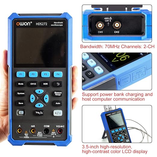 OWON HDS272 Handheld Digital Oscilloscope Multimeter 2CH USB Type C 70MHz 3.5 LCD Test Meter