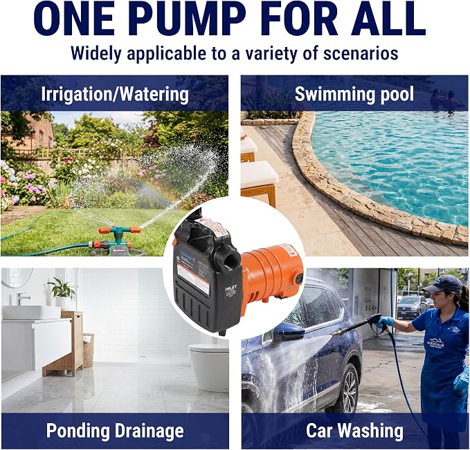 HoldwellS Cast Iron Water Transfer Pump 115V AC, 1600 GPH, 1/2HP, 120FT H | Portable Pump with Carbon Brush, Filter, Brass Connectors, for Garden, Rain Barrel, Pool, Pond, Hot Tub, Aquarium Draining