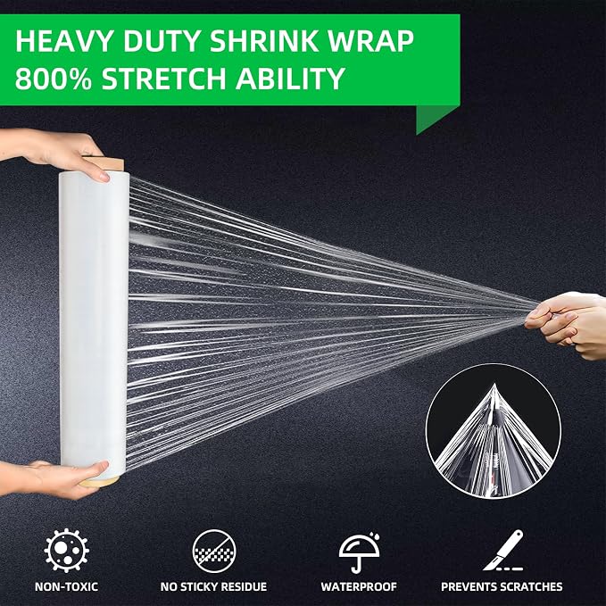 Stretch Wrap Rolls, Shrink Wrap 18in x 1500ft 4 Pack, Heavy Duty Pallet Wrap | Crystal Clear, Self-Adhesive Cling, Includes Hand Grips, 80 Gauge Industrial Strength, for Moving Packing Shipping