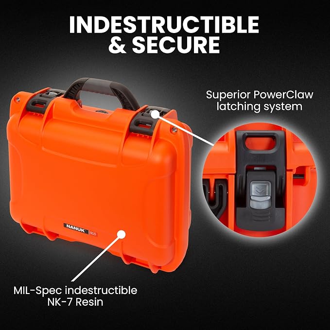 NANUK 915 Hard Case with Cubed Foam – Compact Waterproof Travel Camera Hard Case with Padded Dividers, 13.8” x 9.3” x 6.2” – Dustproof and Impact Resistant, Airline Carry-On Approved – Orange