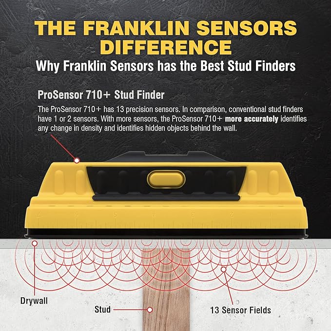 Franklin Sensors ProSensor 710+ Stud Finder with 13-Sensors, Wood & Metal Stud Detector/Wall Scanner, Built-in Bubble Level, Made in The USA