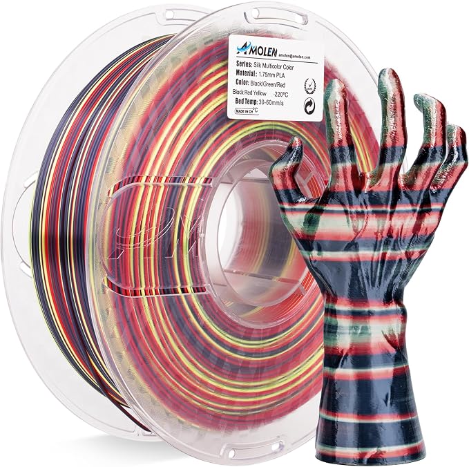 AMOLEN Silk PLA 3D Printer Filament, Shiny Multicolor Rainbow PLA Filament 1.75mm, Fast Color Change PLA 3D Printing Filament for Most FDM 3D Printer, Black Red Yellow, 1kg (2.2lbs)