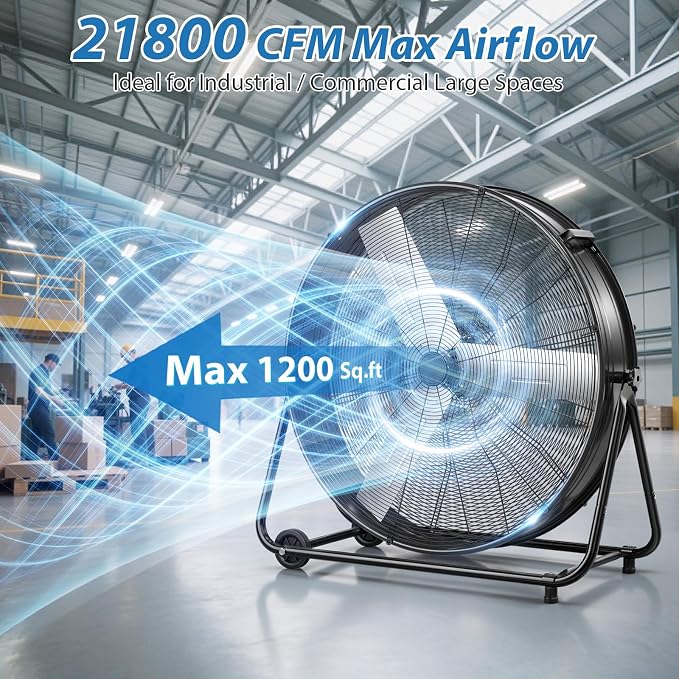 LifePlus 36" Industrial Drum Fan, 600W High Velocity 3-Speed Heavy Duty Metal Air Circulator with 360° Tilt, Casters Handle for Warehouse Factory workshops Patios Garage 21800 CFM