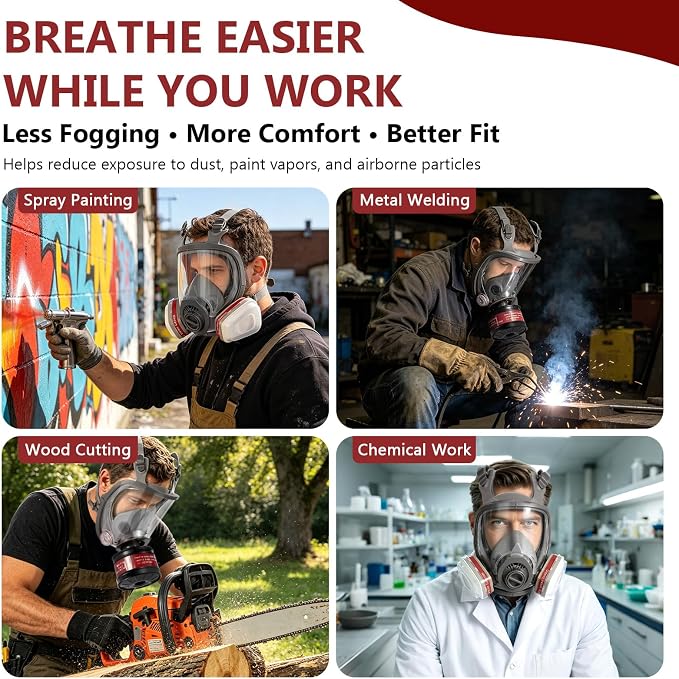 Full Face Respirator Gas Mask with 40mm Filter & Organic Vapor Cartridge, Reusable Respirator Mask for Spraying, Cutting, Sanding, Welding, Woodworking and Construction Projects