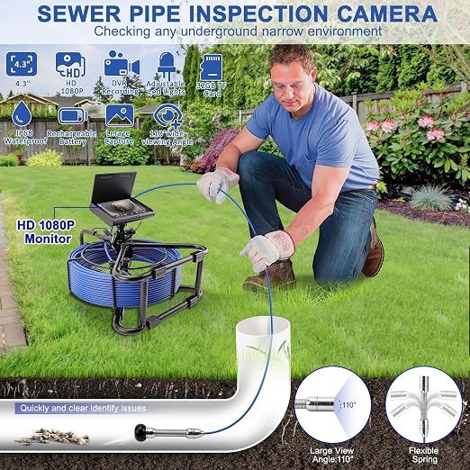 Sewer Camera w/DVR Function, 4.3" HD 1080P Screen Pipeline Inspection Camera, IP68 Waterproof Pipe Plumbing Snake Cam with 32GB Card, for Sewer Line, Home, Duct Drain Pipe Plumbing (50M/165FT)