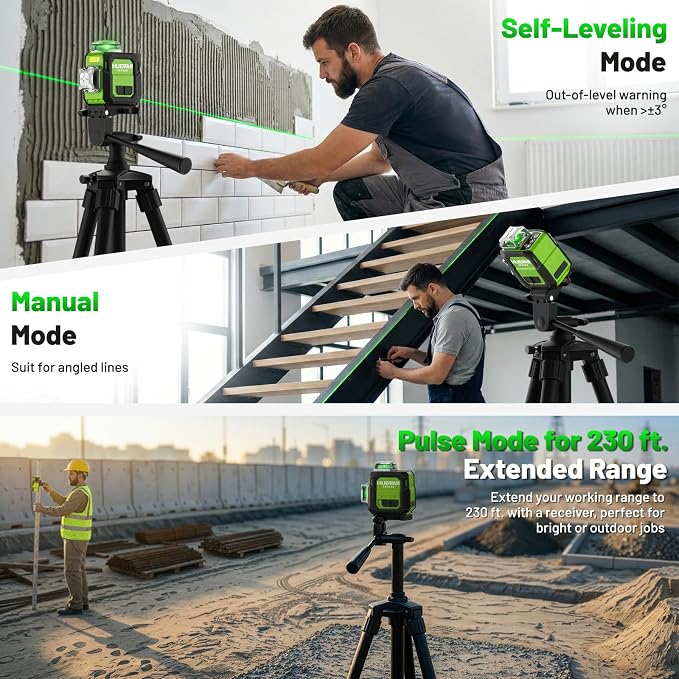 Huepar New 3D Laser Level 360° Self Leveling, 5 Years Warranty, Smaller Size, Better Value, 3x360 Green Laser Level 12 Lines, Rechargeable, Outdoor Pulse Mode, Cross Line for Construction ST03CG