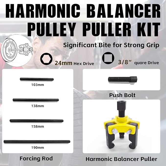 KJE Harmonic Balancer Puller Kit – Adjustable 3-Jaw Puller Set for Removing Harmonic Dampers & Balancers -Includes 3/8” Square Drive Forcing Screw & 4 Rods