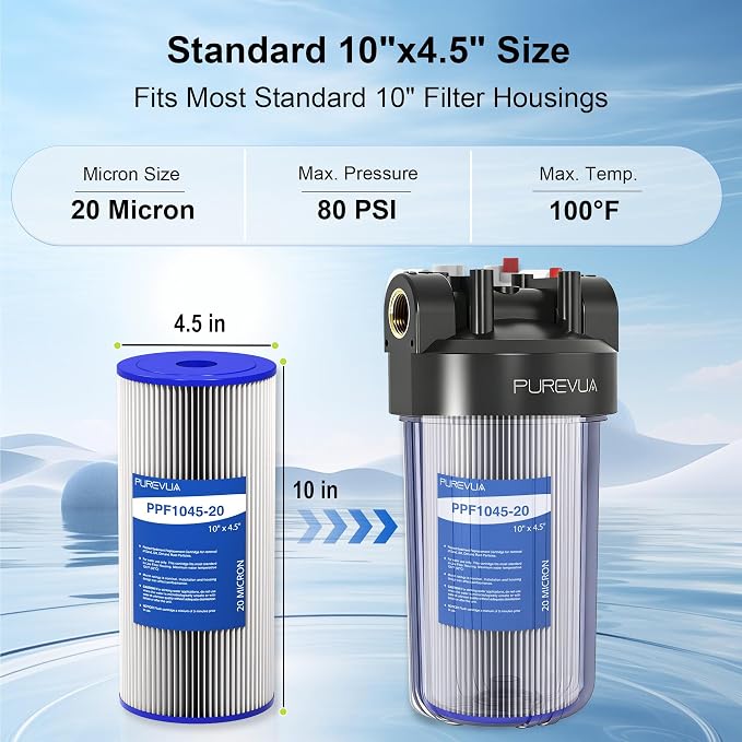 4-Pack 10" x 4.5" Pleated Sediment Water Filter Cartridge 20 Micron High Flow Whole House Water Filter Replacement for Well Water, Compatible with Culligan R50-BBSA, GE FXHSC, ECP5-10B, R30-BB