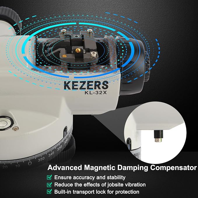 KEZERS 32X Automatic Optical Level Kit with Tripod, Self-Leveling Magnetic Dampened Compensator and Transport Lock, Aluminum Survey Tripod, 9FT Grade Rod, Carrying Case