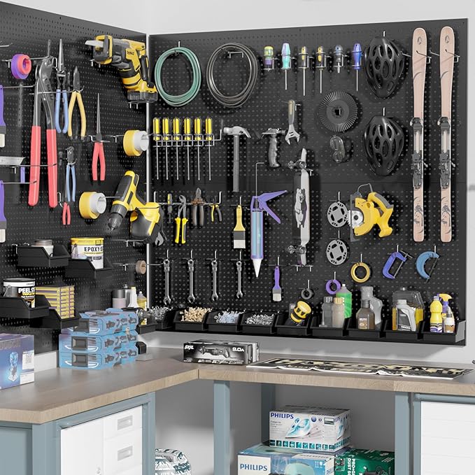 Pegboard Kit with Accessories,Includes 2 Pack 16" X 36" Steel Pegboard and 180 PCS Varied Accessories,can be Used for Tool Storage and Garage Organization. (Black Box)