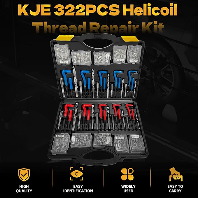 KJE 322PCS Helicoil Thread Repair Kit, Metric (M5-M12) & SAE (1/4"-1/2") Thread Restorer Kit with HSS Drill Bits Taps Thread Inserts Break-Off Tools, Stripped Thread Repair Kit for Automotive