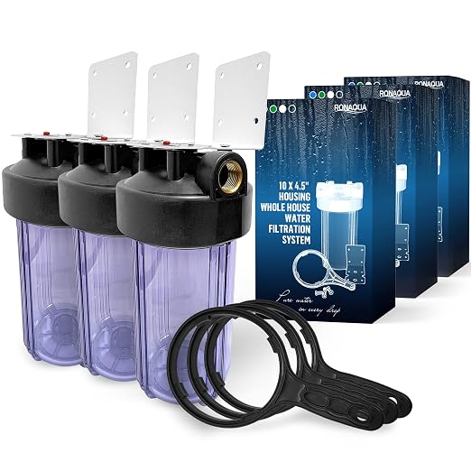 High Capacity 10 x 4.5” Whole House Filter Purifier System for Well or City Water, Presser Relief Button, 1” NPT Brass Port, Double O-Ring, Meets NSF Standards & Regulations (Transparent, 3 Sets)