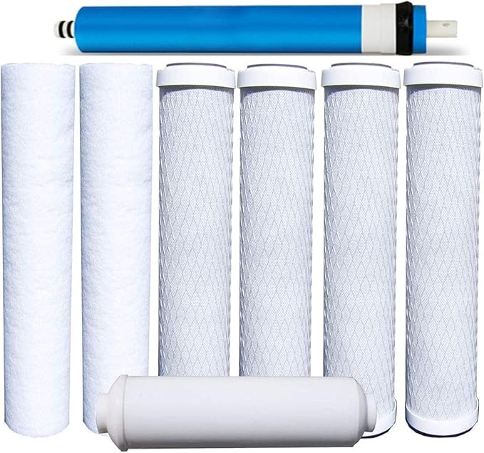 CFS – 8 Pack Universal 5-Stage Water Filter Set includes Sediment, Carbon Block, Inline Cartridges and 50 GPD Membrane Compatible with 10" Filter Housings Models – Reverse Osmosis Replacement Set