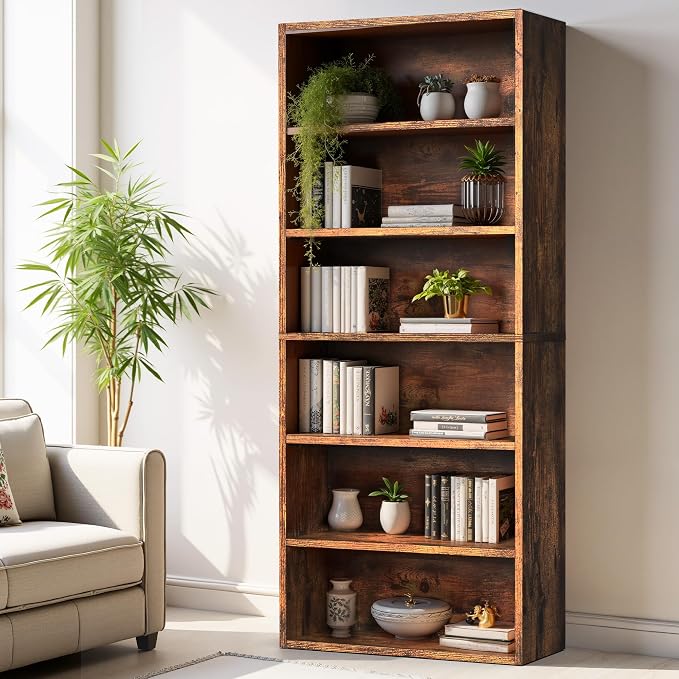 Sweetcrispy Industrial 6 Shelf Bookcase - Large 63 Inch Tall Floor Standing Open Bookshelf with Anti-Tipping Device for Home Office, Living Room, and Bedroom Storage, Rustic Brown