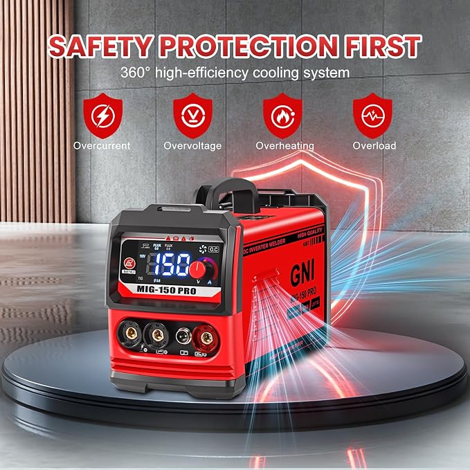GNI Multiprocess Portable MINI Welder, MIG/TIG/Stick 3 IN 1 Welding Machine | IGBT Inverter Beginner-Friendly MIG Welder Machine with Auto-Darkening Goggles, 150A Flux Core Welder for Home DIY