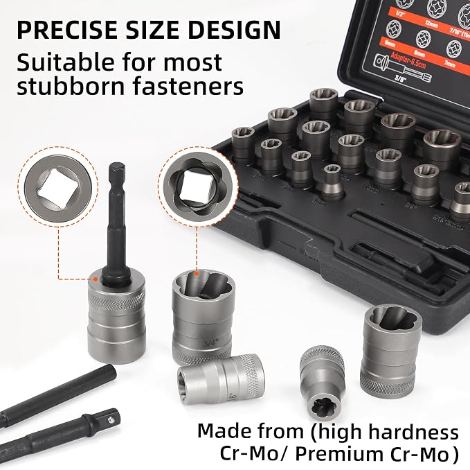 Bolt Extractor Set, 20Pcs Stripped Bolt Remover Lug Nut Extractor Set, Lug Nut Remover for Broken Damaged Rounded-Off Bolts, Nuts, Bolts, Studs, Threaded Tubes