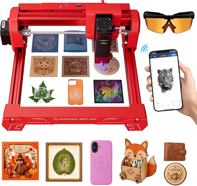 ATOMSTACK Swift 5W Laser Engraver Mini, Laser Engraving Machine for Wood Leather Acrylic, Desktop Laser Cutter, Fully Assembled, WiFi & USB, AI Software, 135×145mm Work Area, Red, 5000mW