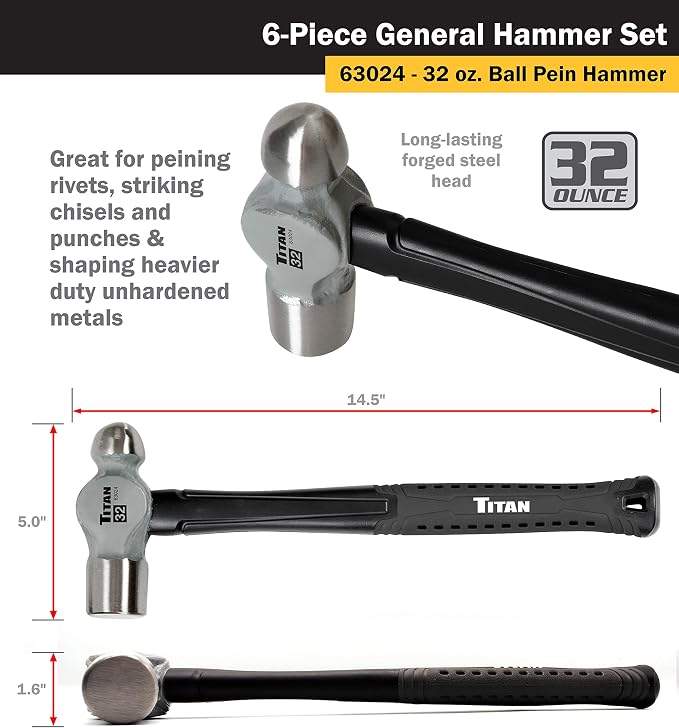 Titan 63136 6-Piece Hammer Set, Includes 16oz & 32oz Ball Pein, 32oz Rubber Mallet, 3lb Sledgehammer, 2lb Dead Blow & 3lb Cross Pein
