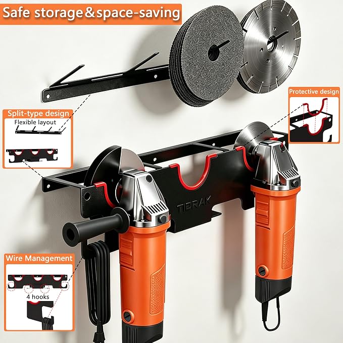 Angle Grinder Holder Wall Mount - Heavy Duty Storage Rack for 5" Grinder, Impact Wrench & Polisher, with Cord Management & Disc Hooks, Workshop Garage Organizer (2 PACK)