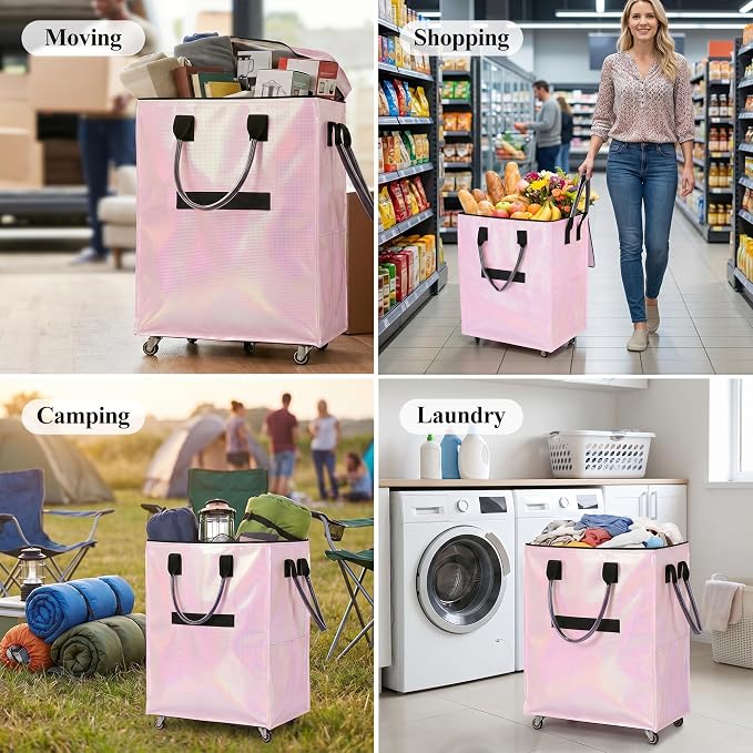 Reusable Grocery Bag on 5 Wheels, Rolling Shopping Bags with Removable Baseboard, Foldable Tote Cart for Groceries, Laundry, Organization, Moving (Pink)