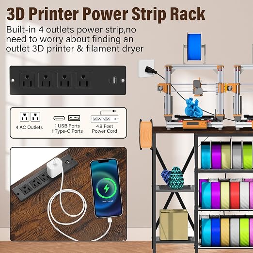 3D Printer Stand with Charging Station, Large 4-Tier 3D Printer Table with Filament Storage and Storage Drawer,Filament Rack,Heavy Duty 3D Printer Desk for Workshop,Office and Garage,Brown