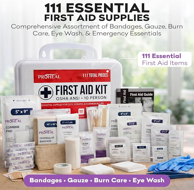 OSHA Compliant First Aid Kit for Car, Home & Business - 10 Person, Type III, ANSI Class A, 111 Pieces Emergency Kit for Office, Truck & Construction Site - Latex Free, Wall Mountable | ProHeal
