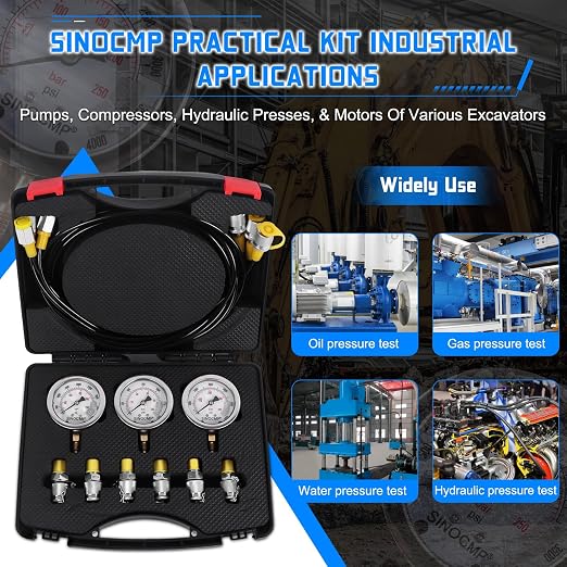Hydraulic Pressure Test Kit with 3 Gauges 10/25/40 Mpa, 3 Long Hoses 6 Couplings Diagnosis Gauge Tester Set for Excavator Construction Engineering Machinery Equipment