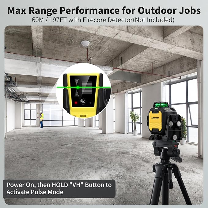 Firecore 360 Laser Level with 60" Tripod, Self-Leveling Green Lazer Leveler Tool for Construction Home Renovation, Outdoor Pulse Mode, Adjustable Brightness, Rechargeable Battery & Magnetic Bracket