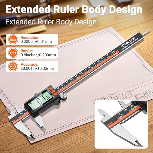 Preciva Digital Caliper 8", Rechargeable Stainless Steel Micrometer | Type-C charging, durable steel body, large LCD with auto-off saves power, in/mm/frac, for 3D-printing machining woodworking