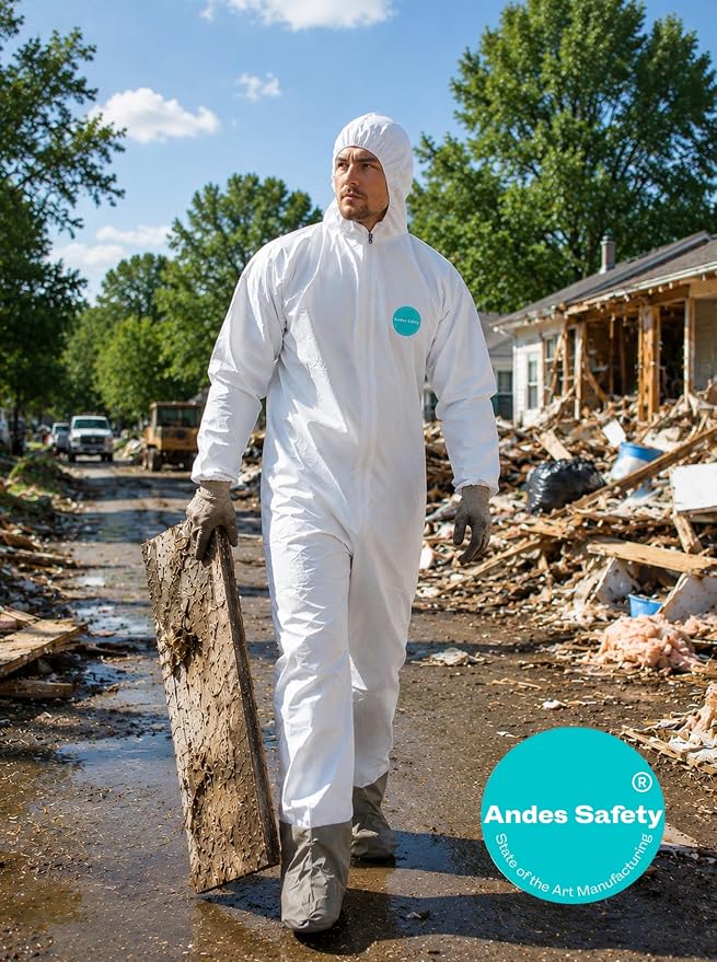Andes Hazmat Suits, Protective Coveralls with Attached Boots, Heavy Duty Full Body Disposable Painters Suits, Lab Coveralls