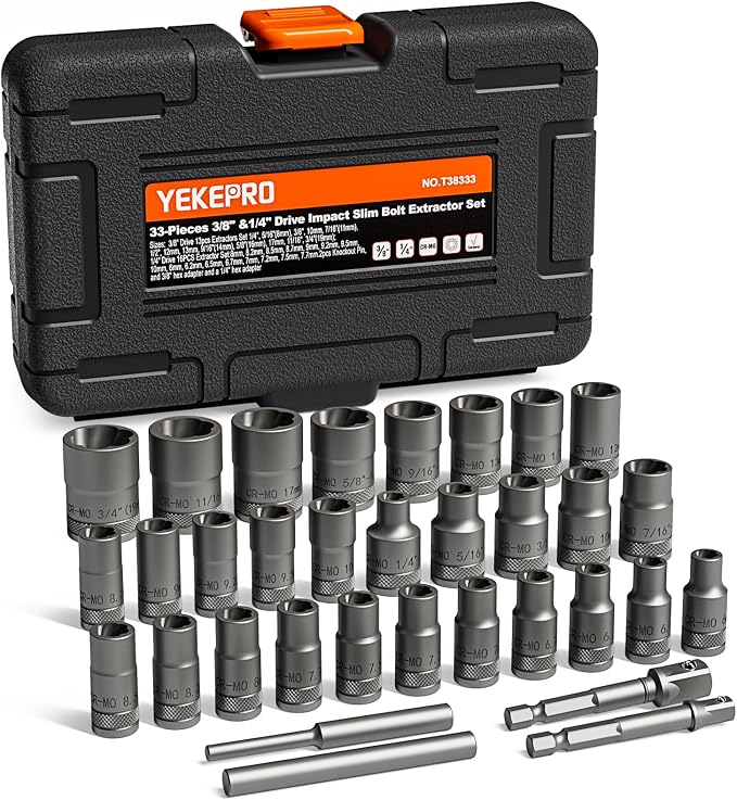 33pcs Deep Well Bolt extractor set, 3/8" & 1/4'' Drive slim type for Removing Damaged, Frozen, Rusted, Rounded-Off Bolts, Nuts & Screws, Cr-Mo Steel, T38333