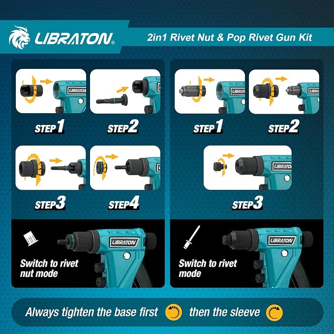 LIBRATON 2in1 Rivet Nut and Pop Rivet Gun Kit, with 8 Mandrels (Metric & SAE), 4 Nose Pieces (2.4-4.8mm), 80 Nuts and 200 Rivets, Adjustable Riveting Tool for DIY & Repair with Carrying Case