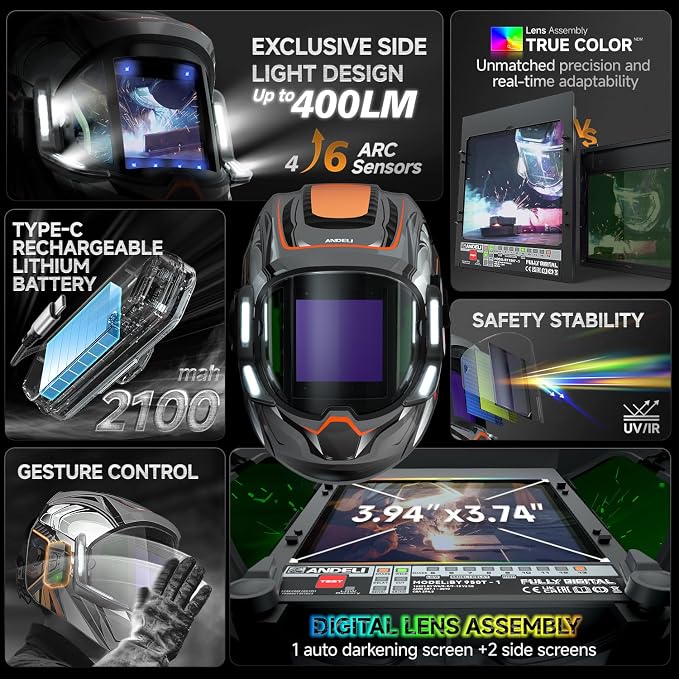 ANDELI Welding Helmet - 180° Panoramic 6 Arc Sensor True Color Auto Darkening Welding Helmet with Light and Motion Sensing, 2100mAh Rechargeable Battery for TIG/MIG/Cut/Grind Moner LED