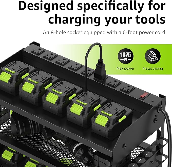 HUPBIPY Modular Power Tool Organizer Wall Mount Drill Holder Garage Shelf | 4 Layer Heavy Duty Rack with Charging Station Drill Holders and Magnetic Tool Holder Strip Tool Battery Holder Gift for Men