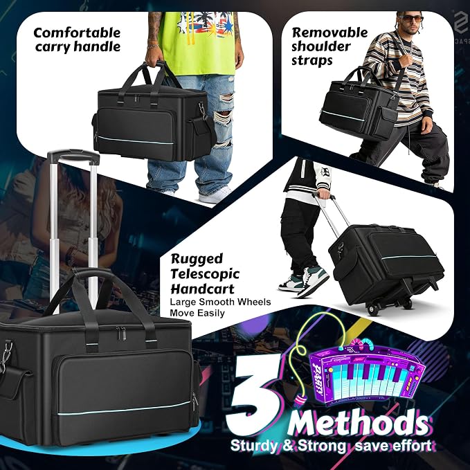 DJ Cable Bag, Rolling DJ Cable Bag with Detachable Trolley & Dividers | Large Capacity Gig Bag with Laptop Compartment, Professional Organizer Bag for Cables, Microphones, and DJ Equipment
