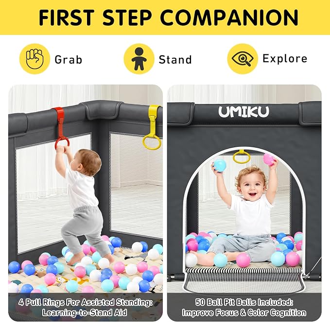 Baby Playpen with Mat, Foldable Playpen for Babies and Toddlers Large Playpens Play Yard Indoor Outdoor Activity Center Game Fence Safety Area Travel Play Pen for Babies 6-12 Months 50"X50" Dark Grey