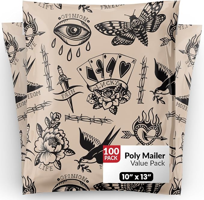 Package Mint Poly Mailers 10x13-100 Pack Vintage Tattoo Design Poly Mailer Shipping Bags - Waterproof, Tear-Resistant, Self Adhesive Seal - Decorative Mailing Bags for Clothes and Accessories