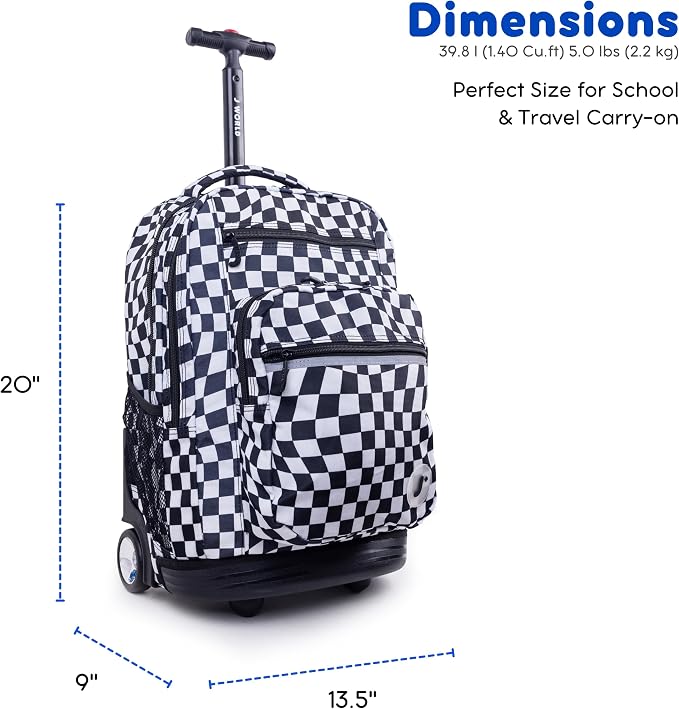 J World Sundance Laptop Rolling Backpack for Girls Boys. Roller Bookbag with Wheels, 20 Inch, Wavy Checkers