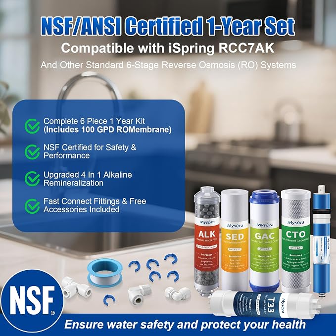 F6K75 NSF Certified 6-months Replacement Filter Cartridge Set Compatible with iSpring RCC7AK, 6-Count for Standard 6-Stage Reverse Osmosis (RO) Systems with Alkaline Remineralization Filter