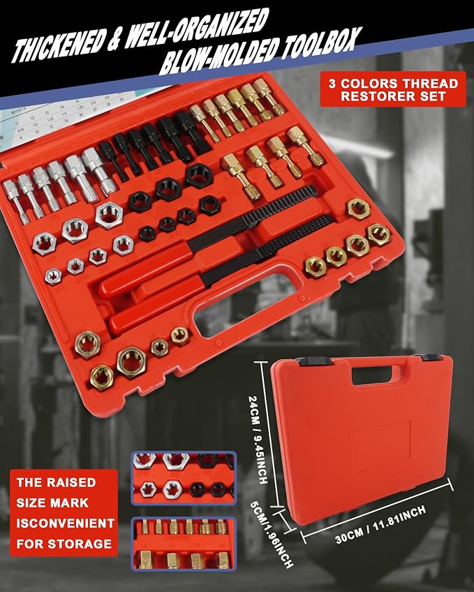 51PCS Thread Restorer Tool, Thread Repair Tool Kit, Thread Files | 22 Taps 24 Dies 3 Thread Files 2 Thread Gauges，Master Thread Rethreading Kit UNC UNF & Metric Thread Chaser Set