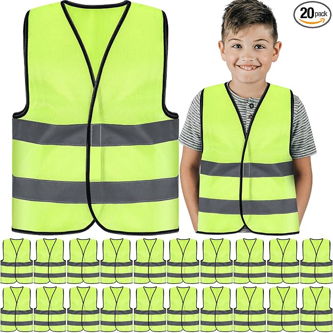 Zhanmai 20 Pcs Kids Safety Vest Bulk High Visibility Reflective Construction Vest with Strips Neon for Traffic Child Outdoor (Yellow)