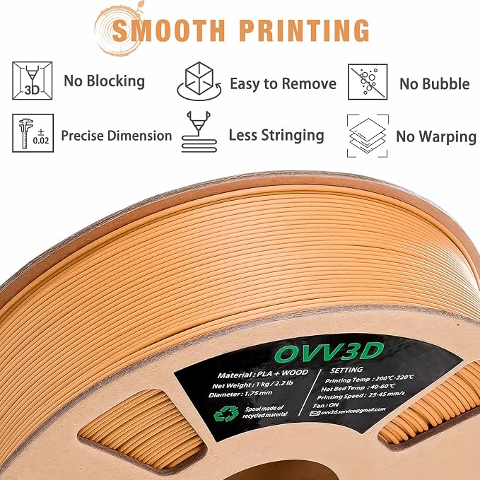 OVV3D PLA Filament 1.75mm, Wood 3D Printer Filament, Yellow Teakwood Filament Add More Than 30% Real WoodFiber, Matte and Frosted 3D Filament, 1.75 PLA Filament 3D Printing Filament