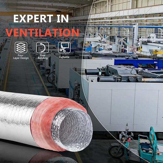 8 Inch Insulated Flexible Duct, 25 Feet Long, R6.0 Insulation, Aluminum Hose, for HVAC Flex Ductwork