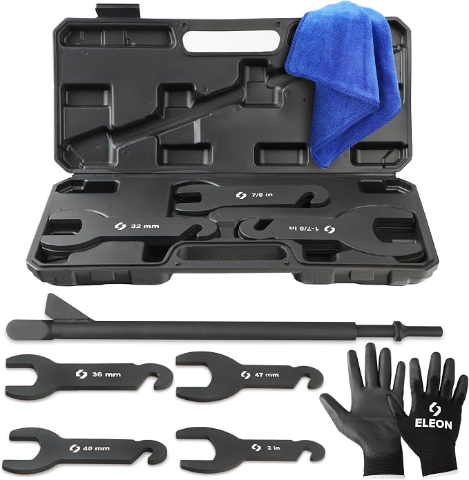 Eleon Pneumatic Fan Clutch Removal Tool Kit - 8PCS Powder Coated Carbon-Steel Pneumatic Fan Clutch Wrench Set Compatible with Ford, GM, Chrysler and Jeep - Includes 7 Attachments, Gloves and Towel