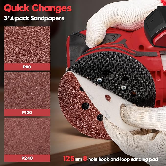 Cordless Random Orbital Sander for Milwaukee 18V Battery, Brushless 6-Speed (6000-12000 OPM), 125mm Pad, Dust Collection & 12pcs Sandpapers (#80/#120/#240) (Battery Not Included) (Red)